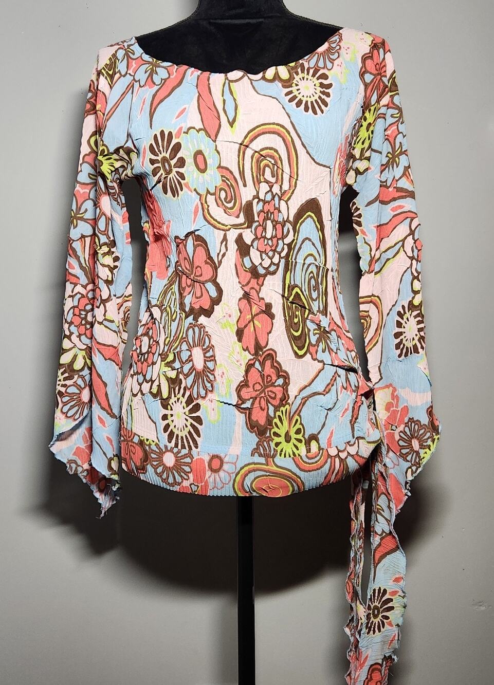 Vtg Cache Y2K Floral Bell Sleeve Side Tie Blouse Boho Psychedelic Top M